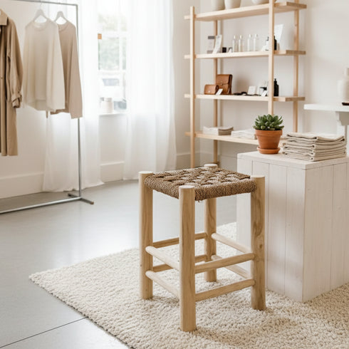 Handmade Moroccan Decor - Wooden and Sea Grass Stool