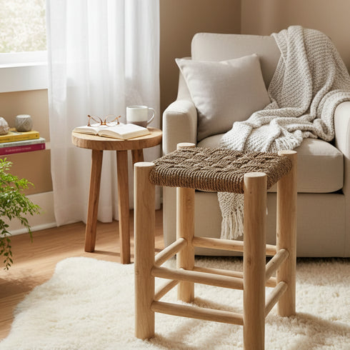 Handmade Moroccan Decor - Wooden and Sea Grass Stool