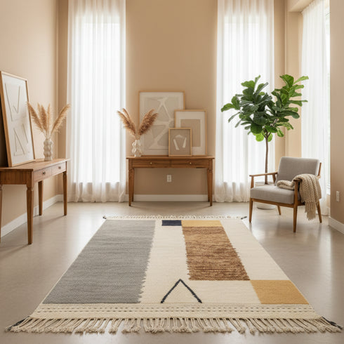 Moroccan Wool Rug – Cream & Brown Modern Boho Carpet