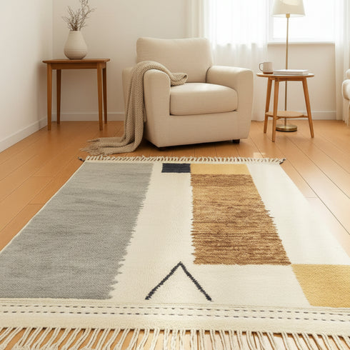 Moroccan Wool Rug – Cream & Brown Modern Boho Carpet