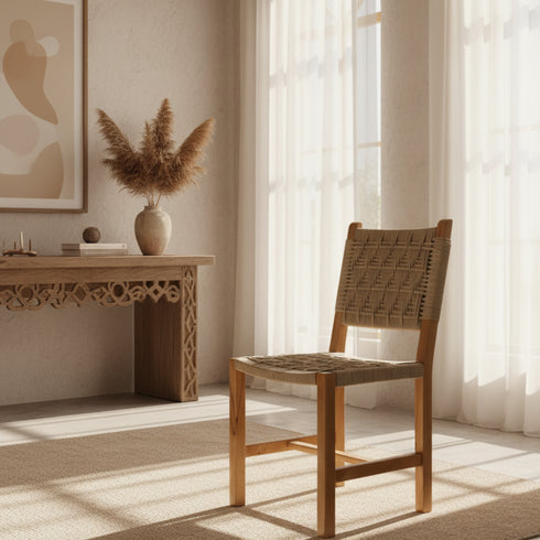 Moroccan Bar stool - Walnut wood with warm beige Fabric seat