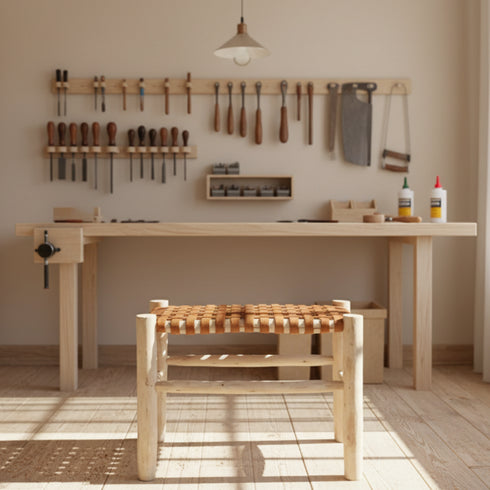 Handmade Wooden and Leather Stool - Rustic Boho Seat