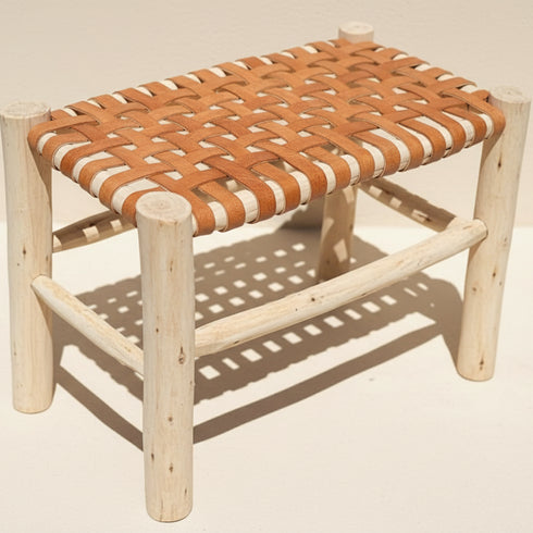 Handmade Wooden and Leather Stool - Rustic Boho Seat