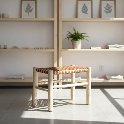 Handmade Wooden and Leather Stool - Rustic Boho Seat