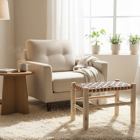 Handmade Wooden and Leather Stool - Rustic Boho Seat