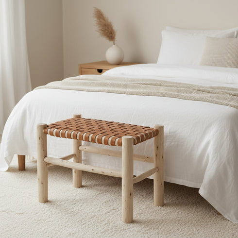 Handmade Wooden and Leather Stool - Rustic Boho Seat