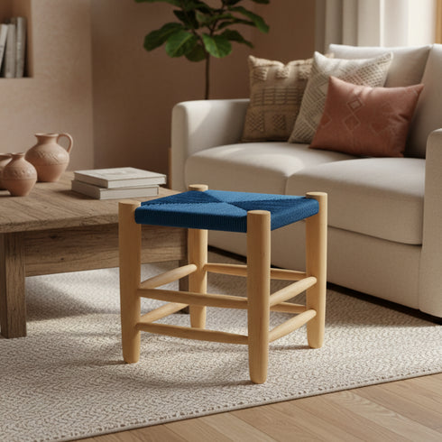 Moroccan Stool In Wood And Blue Rope - Handmade boho furniture