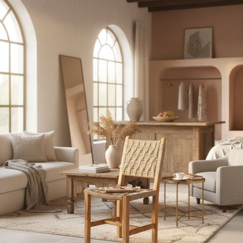 Moroccan Bar stool - Walnut wood with warm beige Fabric seat