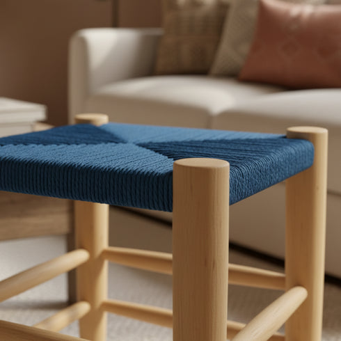 Moroccan Stool In Wood And Blue Rope - Handmade boho furniture