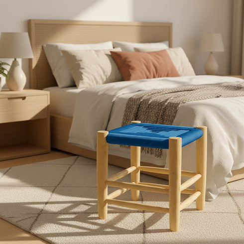 Moroccan Stool In Wood And Blue Rope - Handmade boho furniture