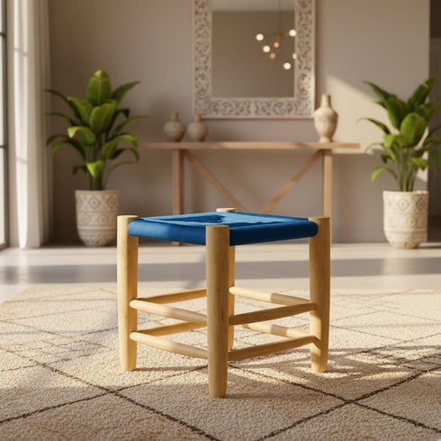 Moroccan Stool In Wood And Blue Rope - Handmade boho furniture