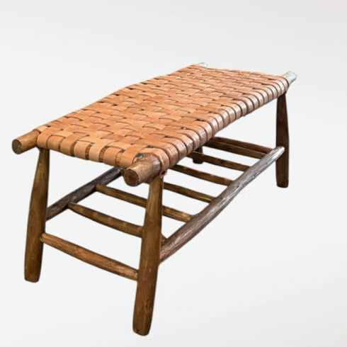 Moroccan Leather Bench - Handwoven Boho Seating on Eucalyptus Wood
