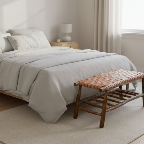 Moroccan Leather Bench - Handwoven Boho Seating on Eucalyptus Wood