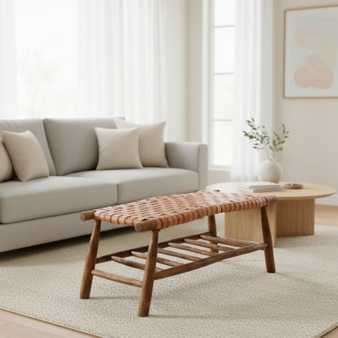 Moroccan Leather Bench - Handwoven Boho Seating on Eucalyptus Wood