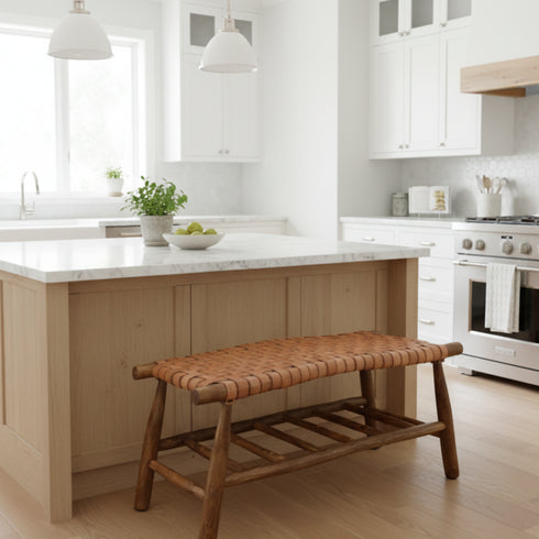 Moroccan Leather Bench - Handwoven Boho Seating on Eucalyptus Wood