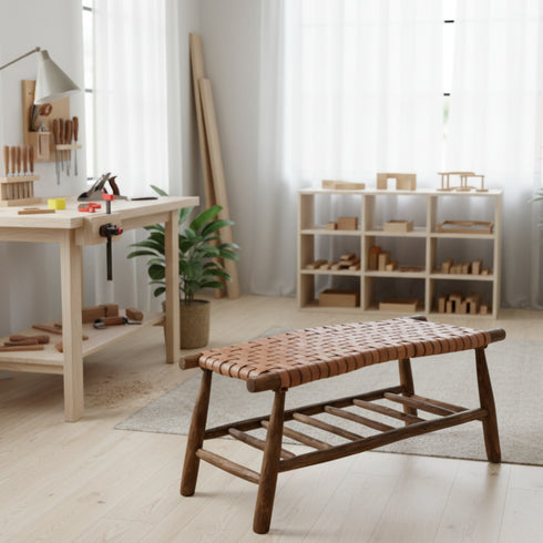 Moroccan Leather Bench - Handwoven Boho Seating on Eucalyptus Wood
