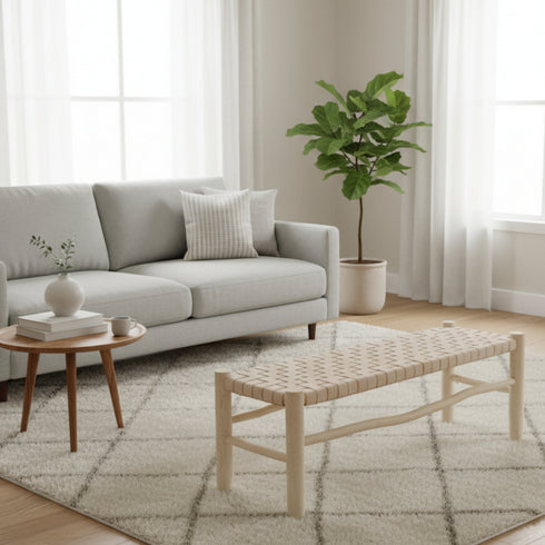 Moroccan Handwoven Leather Bench - Handwoven Boho Seating