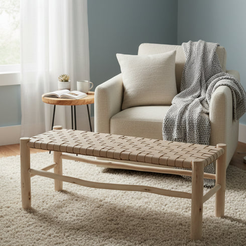 Moroccan Handwoven Leather Bench - Handwoven Boho Seating