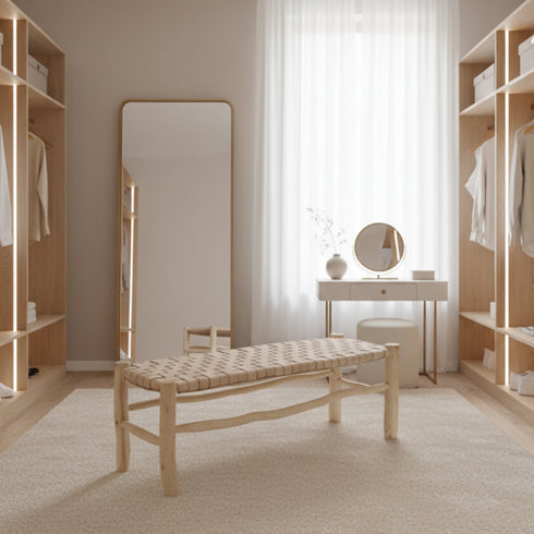 Moroccan Handwoven Leather Bench - Handwoven Boho Seating