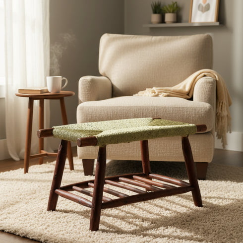 Handwoven Palm Leaf Bench - Moroccan Boho Seating