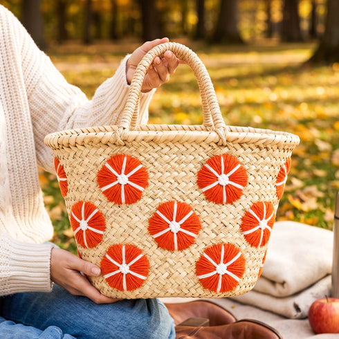 Straw Fall Tote Bag | Halloween Basket with Embroidered Flowers