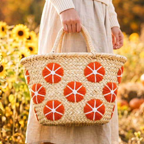 Straw Fall Tote Bag | Halloween Basket with Embroidered Flowers
