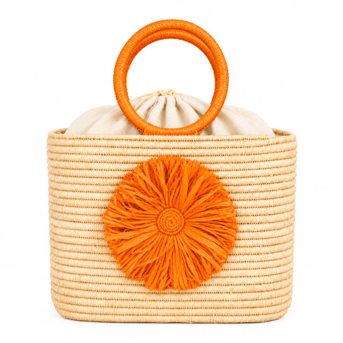 Raffia Tote Bag with Orange Handles | Fall Halloween Handbag