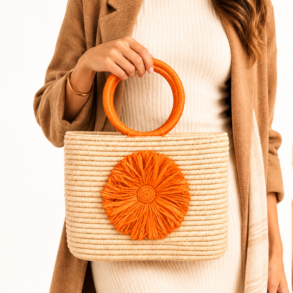 Raffia Tote Bag with Orange Handles | Fall Halloween Handbag