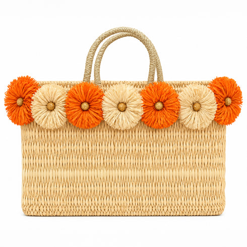 Wicker Tote Bag with Orange Raffia Flowers | Fall Halloween Straw Bag