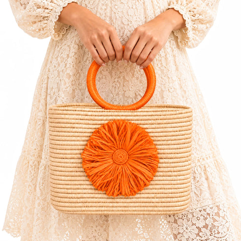 Raffia Tote Bag with Orange Handles | Fall Halloween Handbag