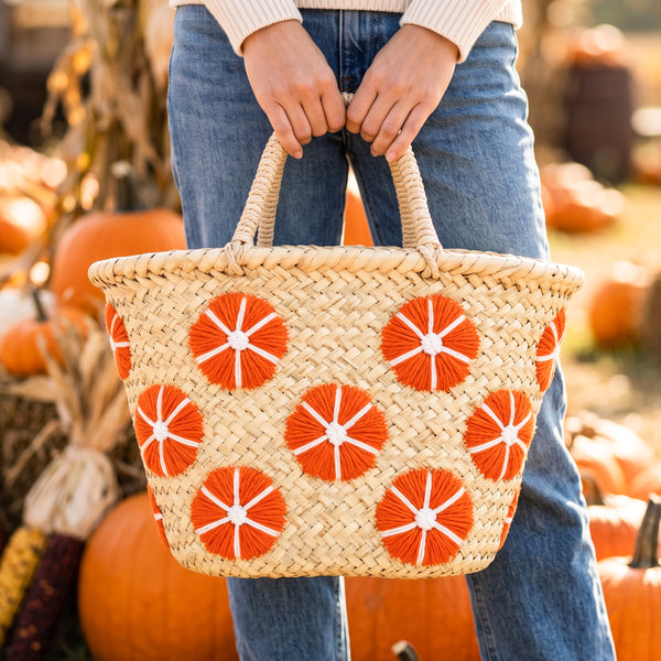 Straw Fall Tote Bag | Halloween Basket with Embroidered Flowers