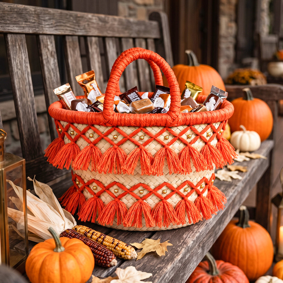 Handmade orange tassel straw basket filled with Halloween candy on a rustic porch bench with pumpkins and Indian corn