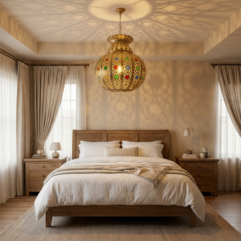 Filigree Brass Moroccan Pendant Light Entryway