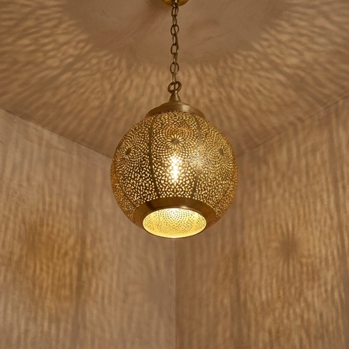 Authentic Solid Brass Globe Lamp – Hand-Hammered Moroccan Hanging Pendant Light with Intricate Filigree Design