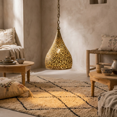 Authentic Handmade Moroccan Lamp – Oxidized Brass Teardrop Pendant Light with Intricate Filigree Shadows