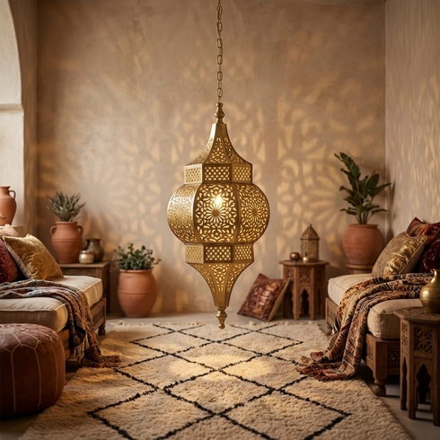 Authentic Moroccan Lighting - Gold Brass Filigree - Boho Entryway Lantern