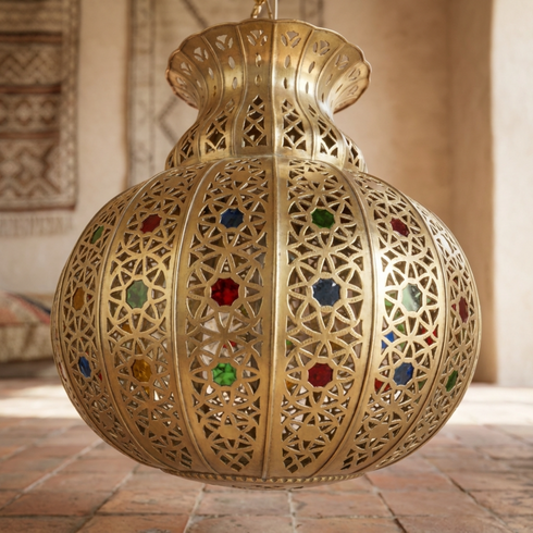 Filigree Brass Moroccan Pendant Light Entryway