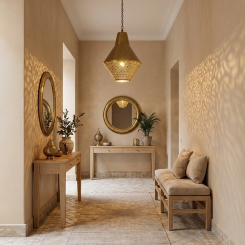 Handmade Moroccan Brass Lamp – Gold Pendant Light with Geometric Filigree Design for Kitchen Island Lighting