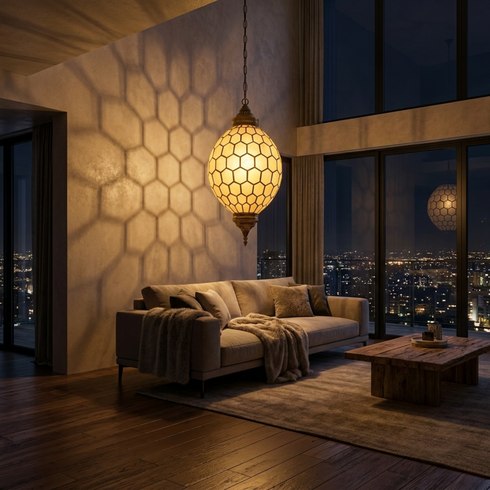 Moroccan Ceiling Light – Geometric Brass Shadow-Casting Lamp