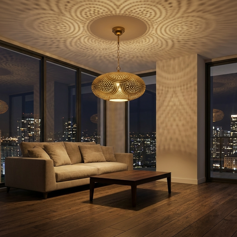 Moroccan Pendant Light – Filigree Brass Openwork Lamp Statement Light