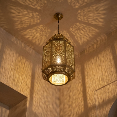Handmade Authentic Moroccan Hanging Lamp – Gold Brass Pendant Light with Intricate Filigree Entryway Lantern Design