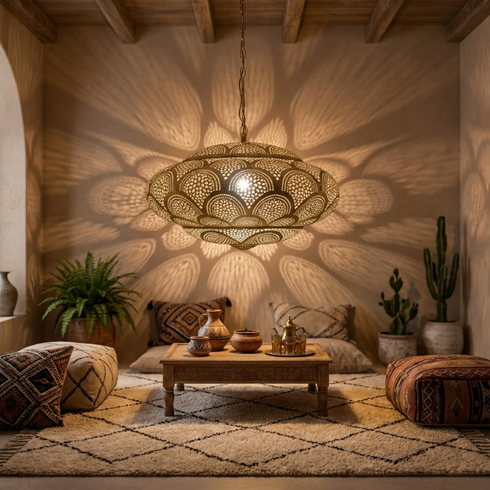 Authentic Handmade Moroccan Lamp – Gold Brass Pendant Light with Intricate Perforated Shadow Casting for Living Room Decor