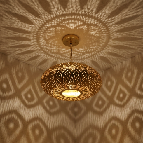Authentic Handmade Moroccan Lamp – Gold Brass Globe Pendant Light with Intricate Shadow Casting Patterns