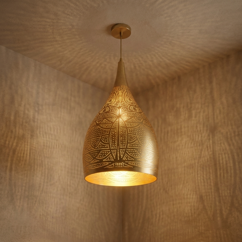 Gold Brass Teardrop Pendant Light – Decorative Shadow Casting Lamp for Kitchen Island Lighting