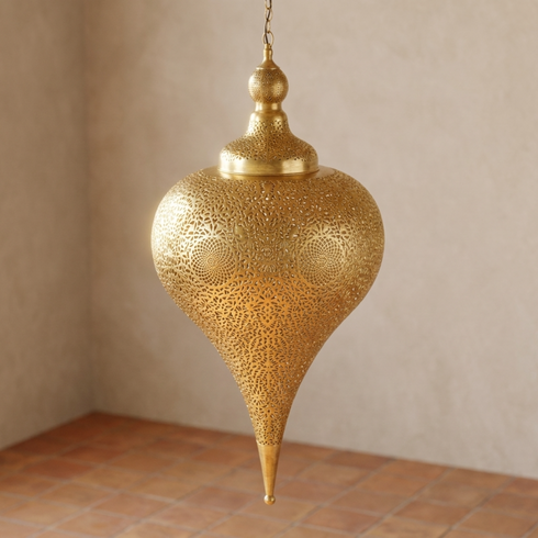 Moroccan Pendant Light – Teardrop Brass Shadow-Casting Lamp Openwork