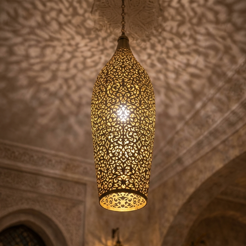 Authentic Handmade Moroccan Lamp – Perforated Brass Teardrop Pendant Light with Artistic Shadow Casting for Living Room Decor