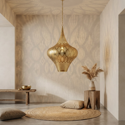 Authentic Handmade Moroccan Lamp – Oxidized Brass Teardrop Pendant Light for Cozy Boho Bedroom Decor
