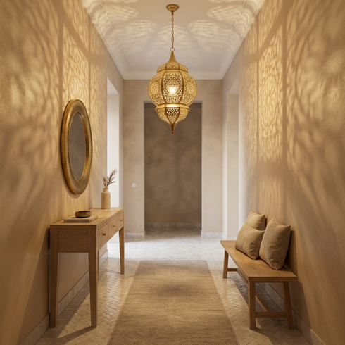Handmade Moroccan Lamp - Gold Brass Pendant - Bedroom Mood Lighting