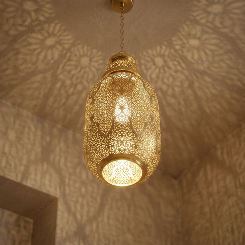 Moroccan Pendant Light – Geometric Filigree Brass Lamp