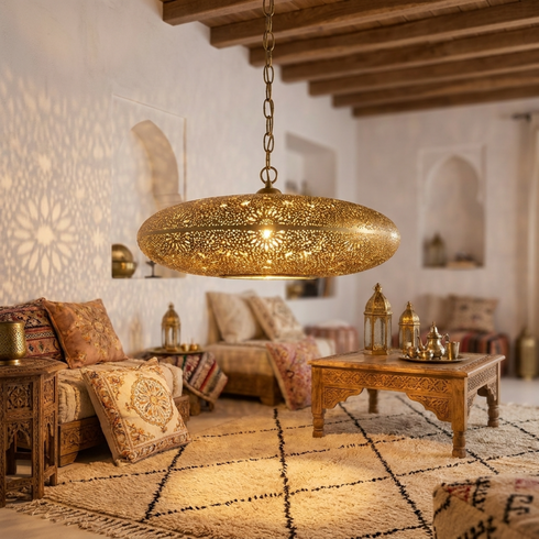 Authentic Handmade Moroccan Lamp – Gold Perforated Brass Ceiling Pendant Light for Living Room Statement Lighting